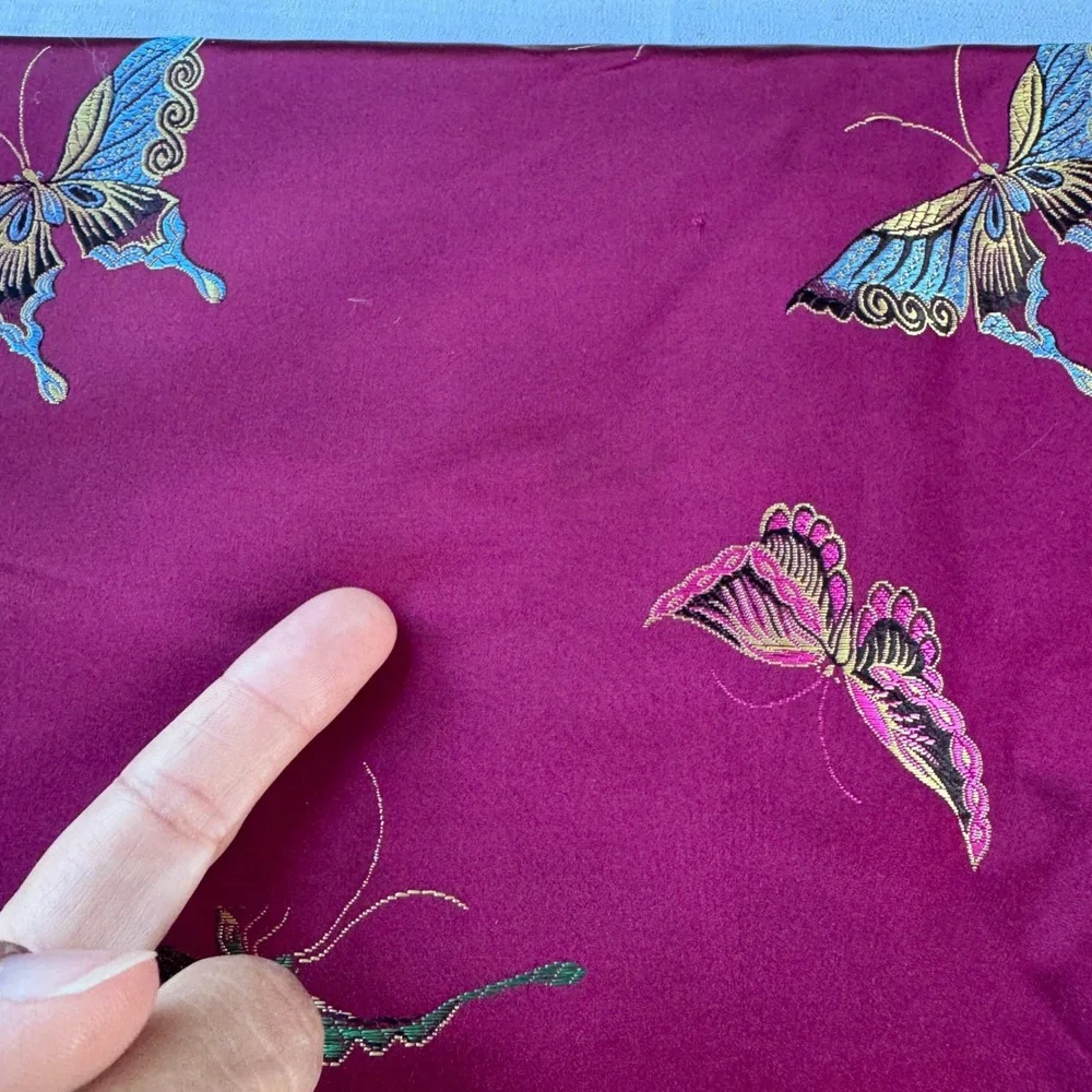 Vintage Butterfly Table Runner Burgundy Red Embroidered Tassel Chinoiserie 78